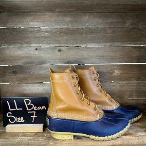 Womens LL Bean‎ Brown Blue Leather Waterproof Unlined Snow Duck Boots Size 7 M